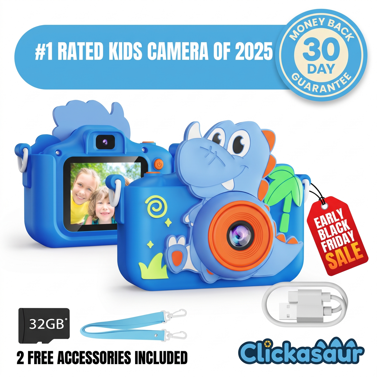 Clickasaur kids dino camera with 2 free accessories