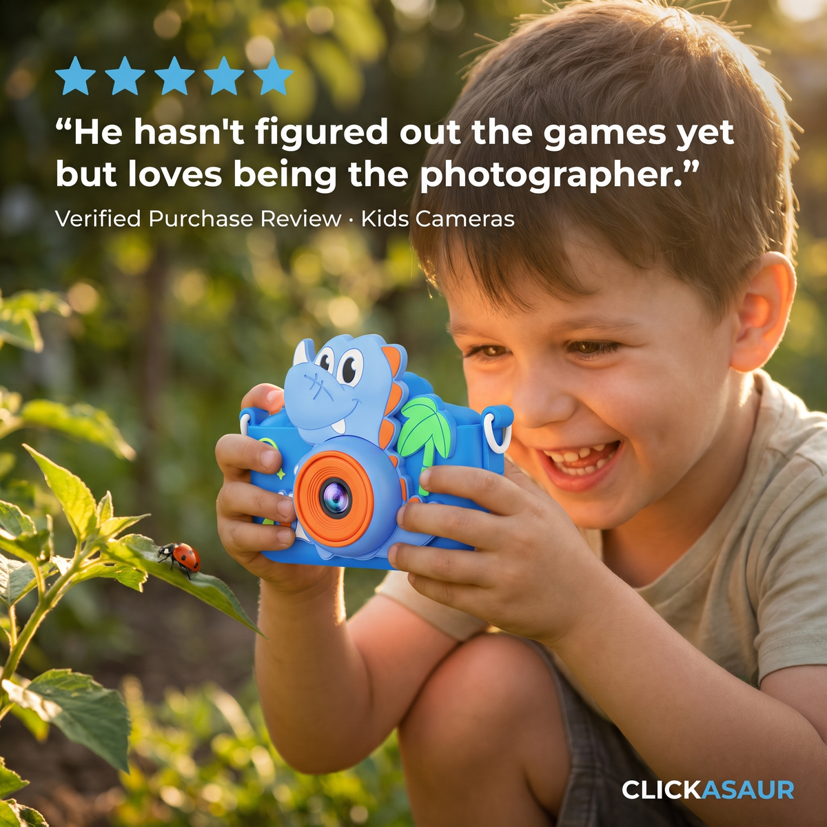 A boy photographing a ladybug with Clickasaur